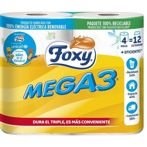 Foxy Mega3 Papel Higiénico Triple Duración 4 Rollos